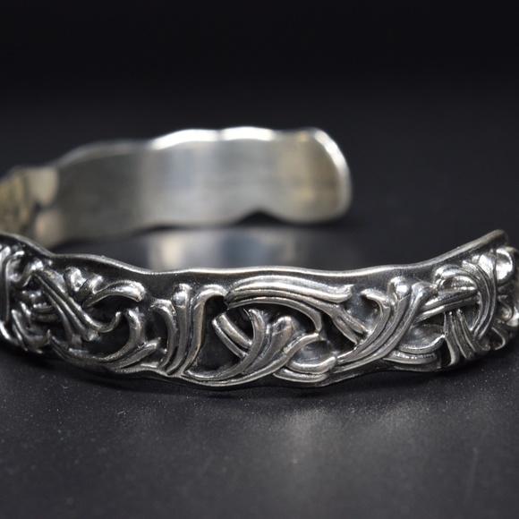 Sterling Silver Chrome Cross Flower Vine 925 Adjustable Bangle Cuff Bracelet - Picture 4 of 6
